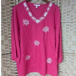 Pink Linen Tunic Top Beaded Floral Embroidery 3/4 Sleeve Women Sz 18 Resortwear